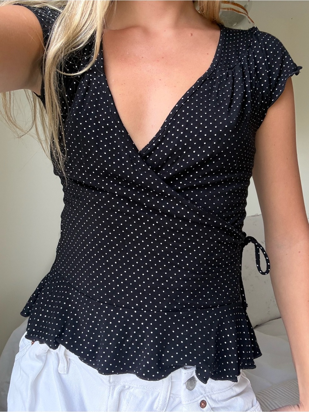 vintage 90's y2k Black Polka Dot Wrap Peplum Top